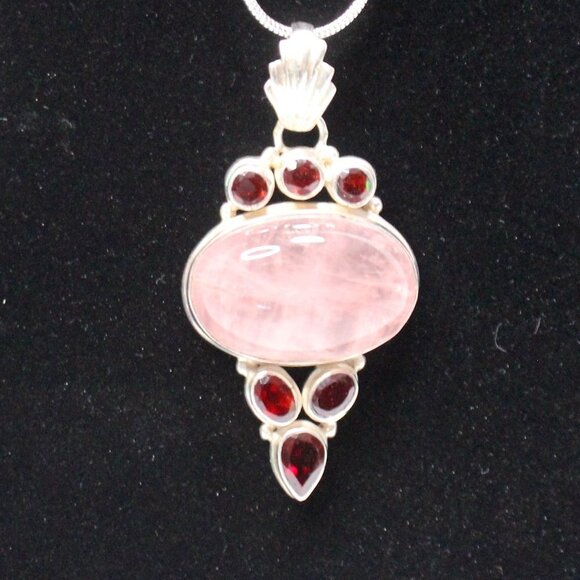 Sterling Silver Rose Quartz Gemstone and Red Glass Stone Necklace - Picture 2 of 13